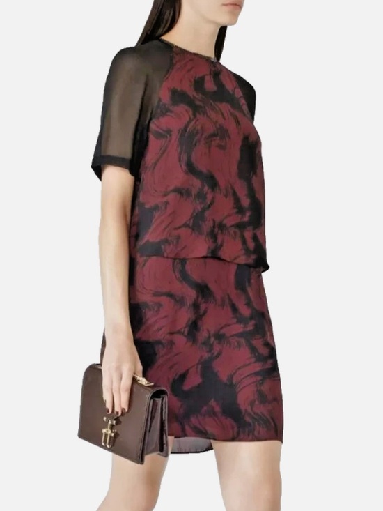 Reiss Dresses & Skirts - Reiss Black Burgundy Swirl Print Chiffon Dress Beaded Collar Sheer Sleeve Size 2